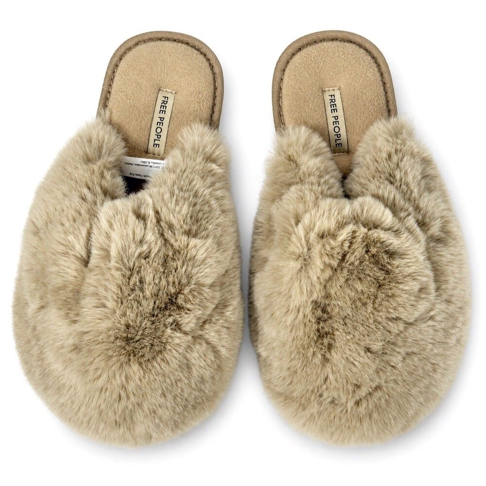 Free People Womens Size 8 Faux Fur Crossover Slippers Beige Cozy Boho Slides